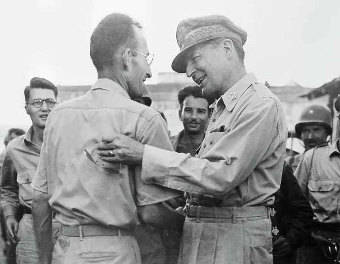 Framed Print : General Douglas MacArthur and Major Joseph Chabot Having Conversation Framed Print : General Douglas MacArthur and Major Joseph Chabot Having Conversation