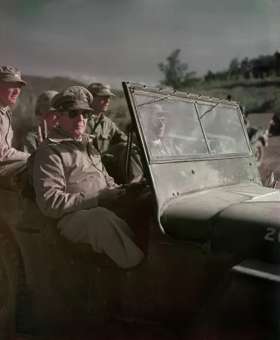 Framed Print : General Douglas MacArthur Riding In Jeep Framed Print : General Douglas MacArthur Riding In Jeep