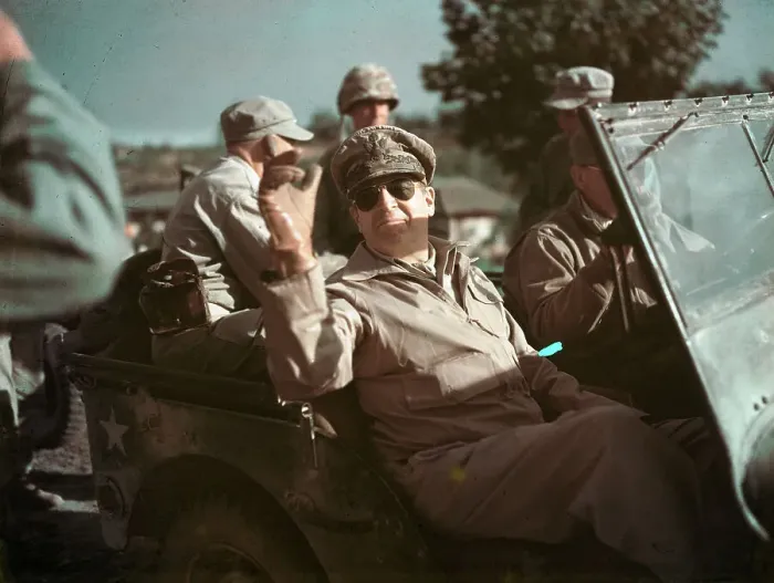 Framed Print : General Douglas MacArthur Riding in Jeep Framed Print : General Douglas MacArthur Riding in Jeep