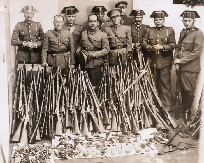 Framed Print : General Francisco Franco with Arms Cache and Rebel Troops During Spanish Civil War Framed Print : General Francisco Franco with Arms Cache and Rebel Troops During Spanish Civil War