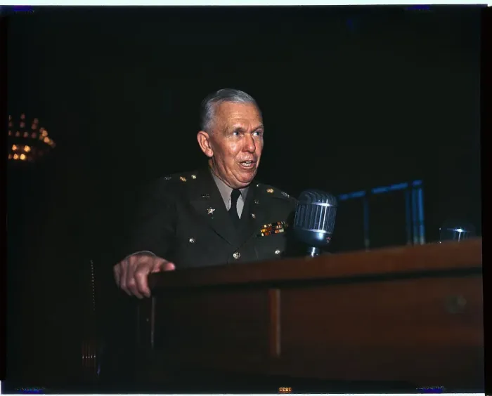 Framed Print : General George C. Marshall Talking in Microphone Framed Print : General George C. Marshall Talking in Microphone