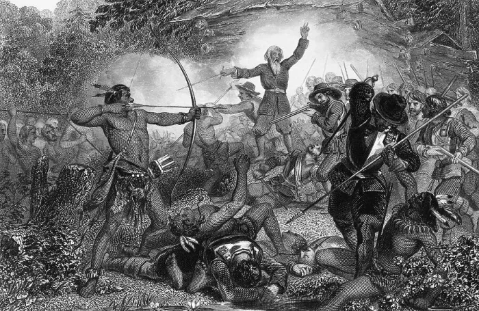 Framed Print : General Goffe in War Scene with Native Americans Framed Print : General Goffe in War Scene with Native Americans