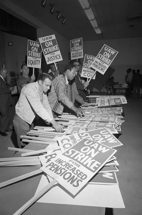 Framed Print : General Motors Employees Prepare Placards for Strike Framed Print : General Motors Employees Prepare Placards for Strike