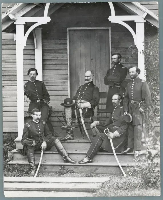 Framed Print : General Patrick and Troops Posing Outside Building Framed Print : General Patrick and Troops Posing Outside Building