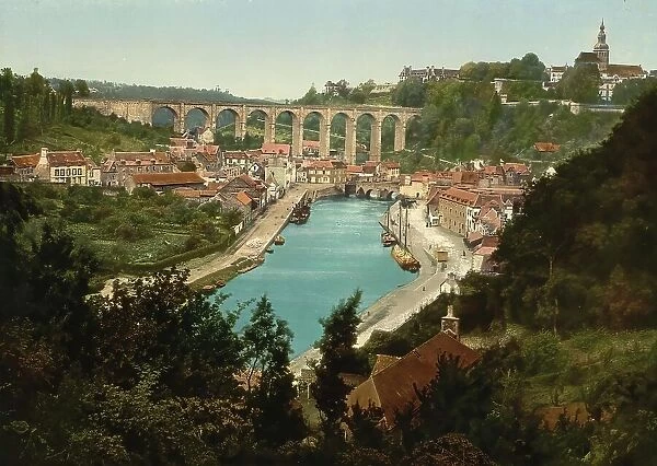 General view of Dinan in Brittany, France, c. 1890, Historic, digitally enhanced reproduction of a photochrome print from 1895