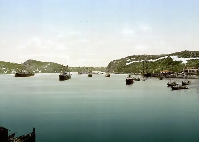 Framed Print : General view, Port Catherine, Kola Peninsula, Russia, c. 1890, Historic, digitally enhanced reproduction of a photochrome print of the period Framed Print : General view, Port Catherine, Kola Peninsula, Russia, c. 1890, Historic, digitally enhanced reproduction of a photochrome print of the period