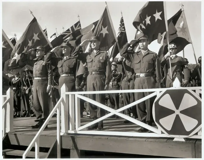Framed Print : Generals Saluting Near Flags Framed Print : Generals Saluting Near Flags