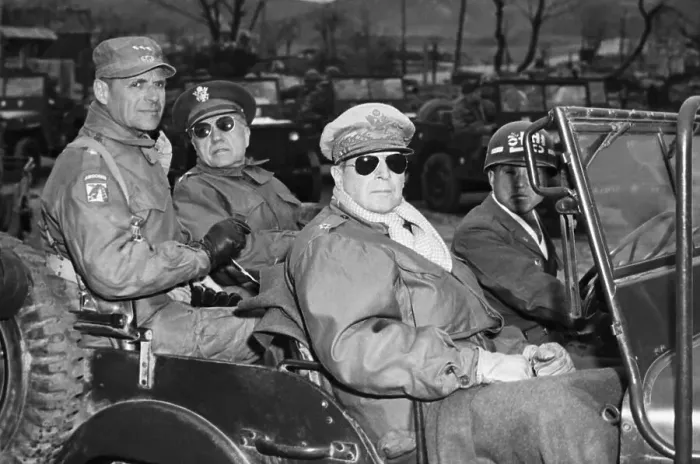 Framed Print : Gens. MacArthur, Hickey, Others in Jeep Framed Print : Gens. MacArthur, Hickey, Others in Jeep