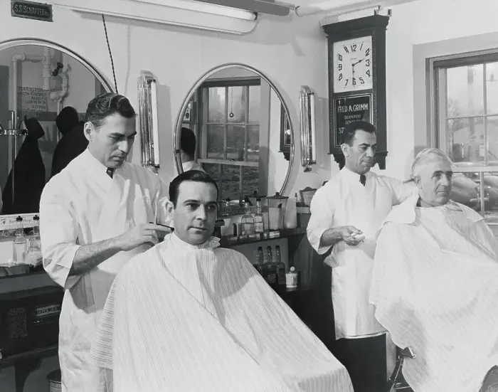 Framed Print : Gentlemen Receiving Haircut Framed Print : Gentlemen Receiving Haircut