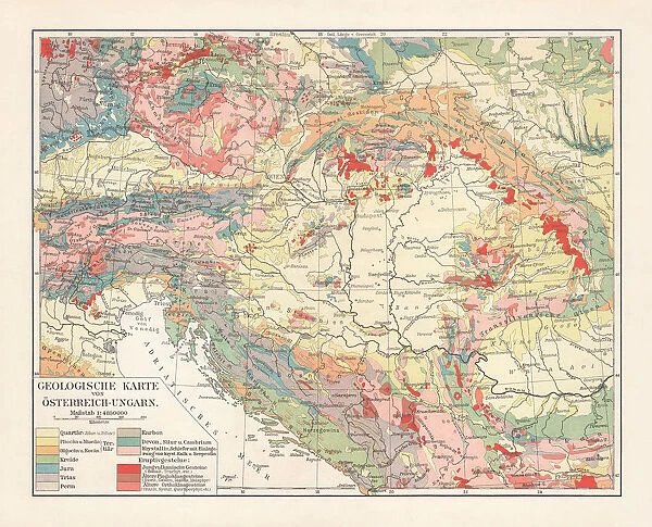 Geological map of the Austro-Hungarian Empire, lithograph, published in 1897