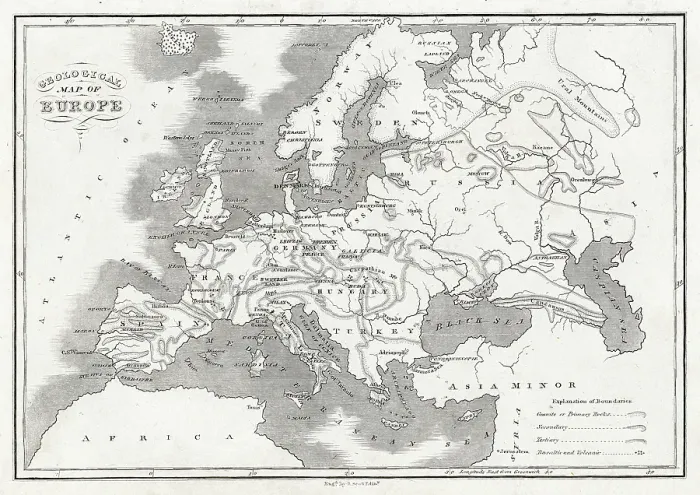 Framed Print : Geological Map of Europe - engraving illustration engraving 1840 Framed Print : Geological Map of Europe - engraving illustration engraving 1840
