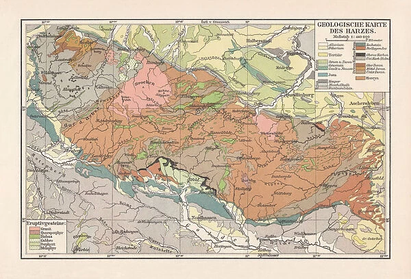 Geological map of the Harz Mountains, Germany, lithograph, published 1897