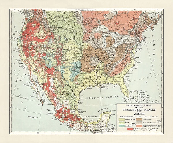 Geological map of USA and Mexico, lithograph, published in 1897