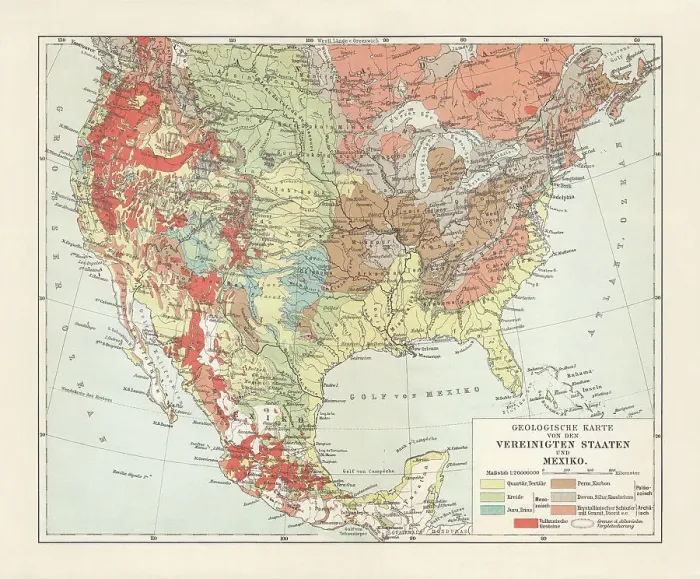 Framed Print : Geological map of USA and Mexico, lithograph, published in 1897 Framed Print : Geological map of USA and Mexico, lithograph, published in 1897