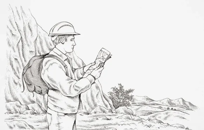 Framed Print : Geologist wearing hard hat, carrying rucksack, looking at a map, with mountains and rocks in background Framed Print : Geologist wearing hard hat, carrying rucksack, looking at a map, with mountains and rocks in background