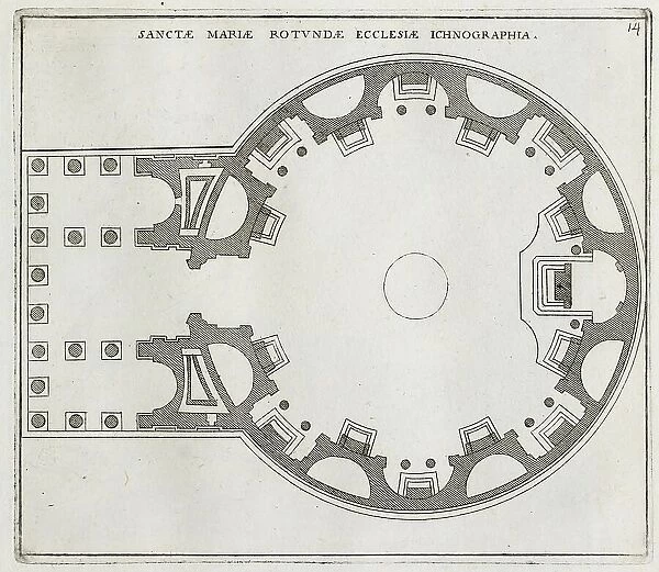 Geometric plan of the church of the Rotonda, which was the Pantheon of the ancient Romans, historical Rome, Italy, digital reproduction of an original 17th century template, original date unknown