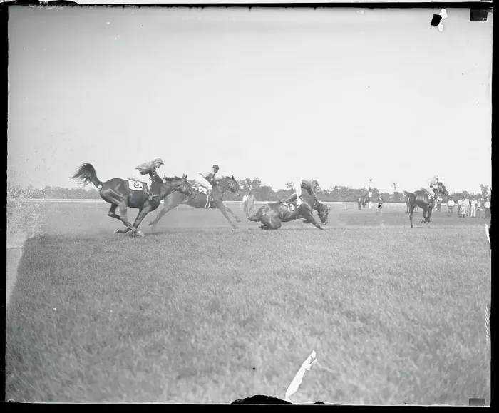 Framed Print : George Bostwick and His Horse Falling During Race Framed Print : George Bostwick and His Horse Falling During Race
