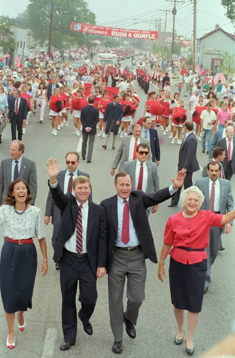 Framed Print : George Bush and Dan Quayle Marching with Wives Framed Print : George Bush and Dan Quayle Marching with Wives