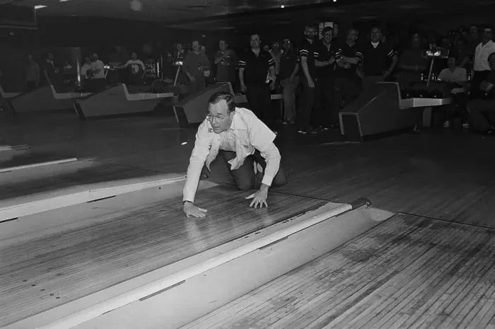Framed Print : George Bush Falling Down at a Bowling Lane Framed Print : George Bush Falling Down at a Bowling Lane