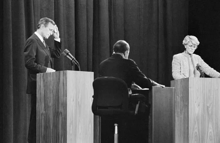 Framed Print : George Bush and Geraldine Ferraro During Debate Framed Print : George Bush and Geraldine Ferraro During Debate