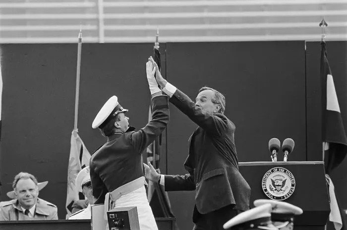 Framed Print : George Bush Giving High Five to Military Cadet Framed Print : George Bush Giving High Five to Military Cadet