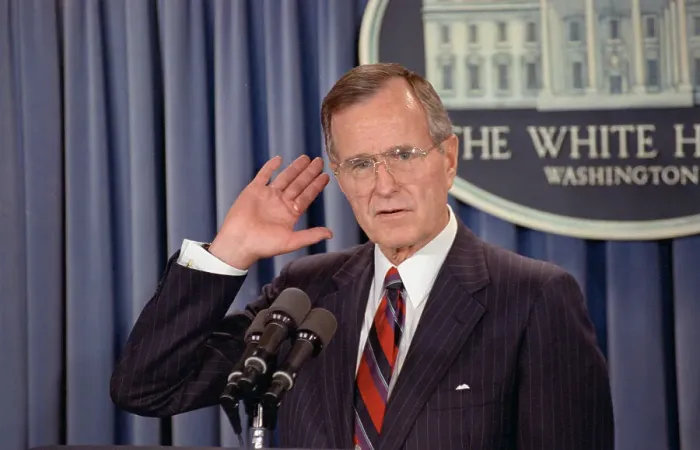 Framed Print : George Bush Holding Hand to Ear Framed Print : George Bush Holding Hand to Ear
