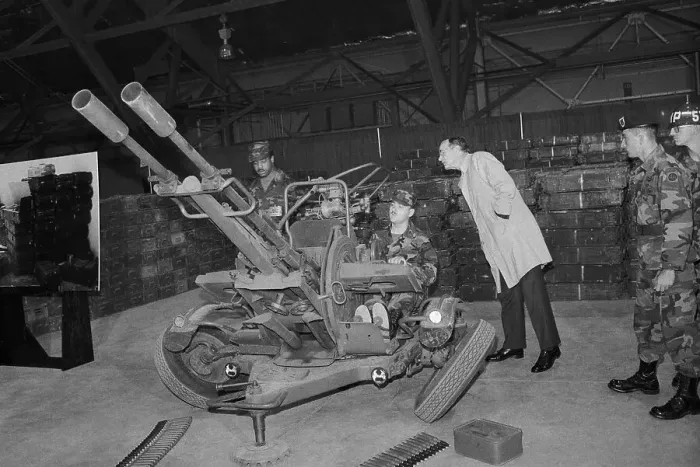 Framed Print : George Bush Inspecting an Anti-Aircraft Gun Framed Print : George Bush Inspecting an Anti-Aircraft Gun
