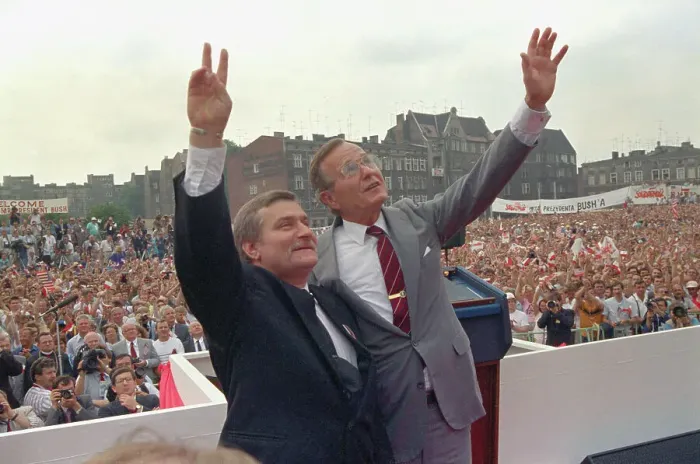 Framed Print : George Bush and Lech Walesa Waving Framed Print : George Bush and Lech Walesa Waving