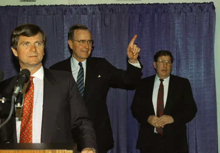 Framed Print : George Bush and Lee Atwater Addressing Workers