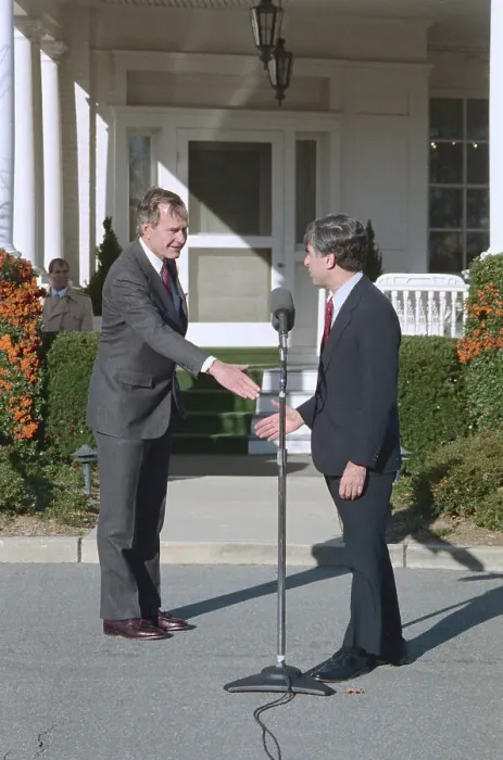 Framed Print : George Bush and Michael Dukakis Shaking Hands