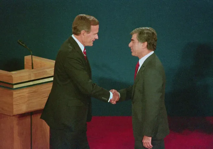 Framed Print : George Bush and Michael Dukakis Shaking Hands