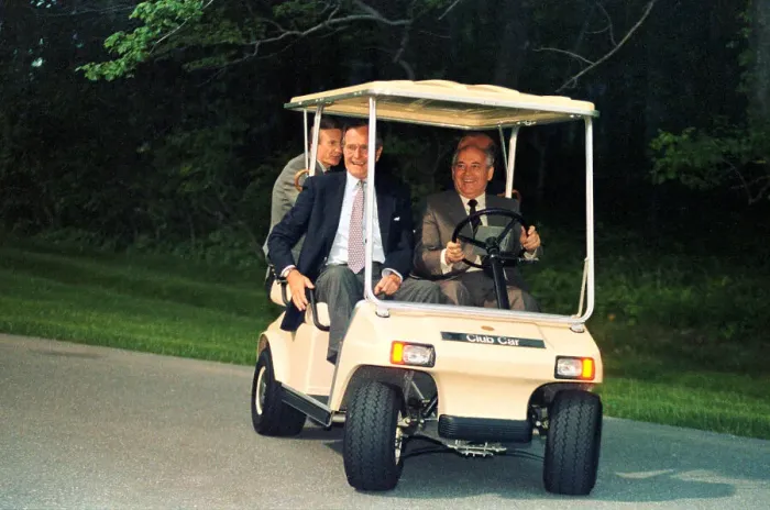 Framed Print : George Bush and Mikhail Gorbachev Riding in Golf Cart Framed Print : George Bush and Mikhail Gorbachev Riding in Golf Cart