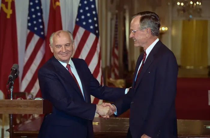 Framed Print : George Bush and Mikhail Gorbachev Shaking Hands