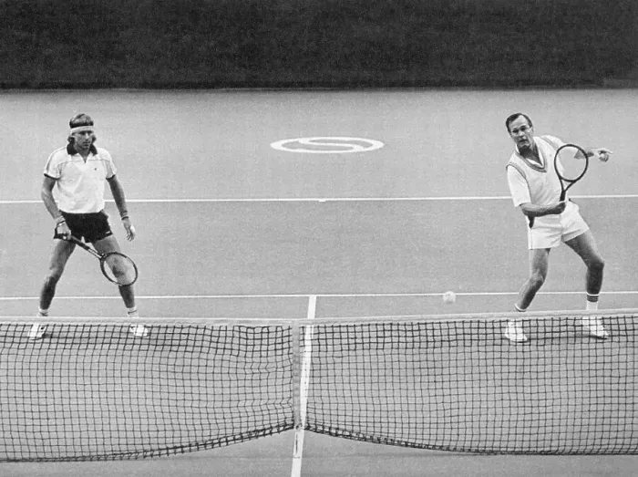 Framed Print : George Bush Playing Tennis with Bjorn Borg Framed Print : George Bush Playing Tennis with Bjorn Borg