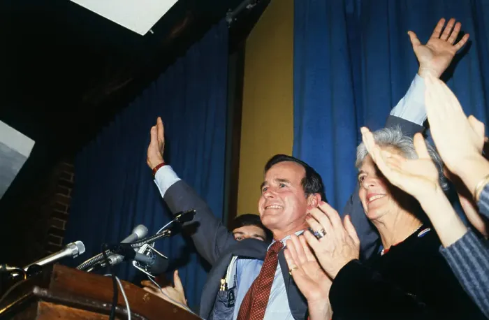 Framed Print : George Bush Raising His Arms Framed Print : George Bush Raising His Arms