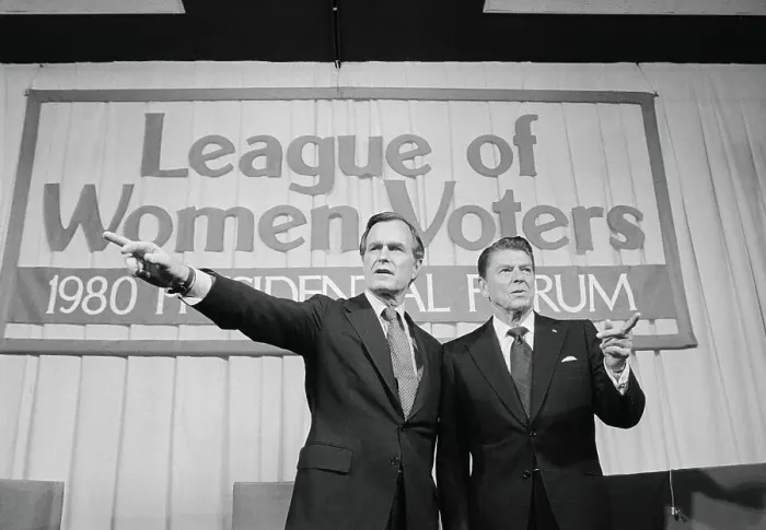 Framed Print : George Bush and Ronald Reagan Pointing Framed Print : George Bush and Ronald Reagan Pointing