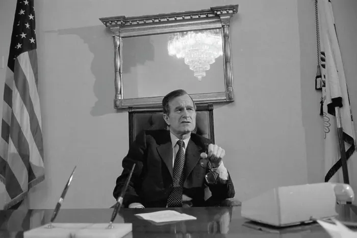 Framed Print : George Bush Seated at White House Desk Framed Print : George Bush Seated at White House Desk