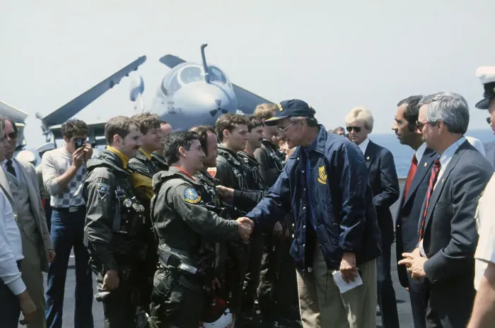 Framed Print : George Bush Shaking Hands with Pilot Framed Print : George Bush Shaking Hands with Pilot