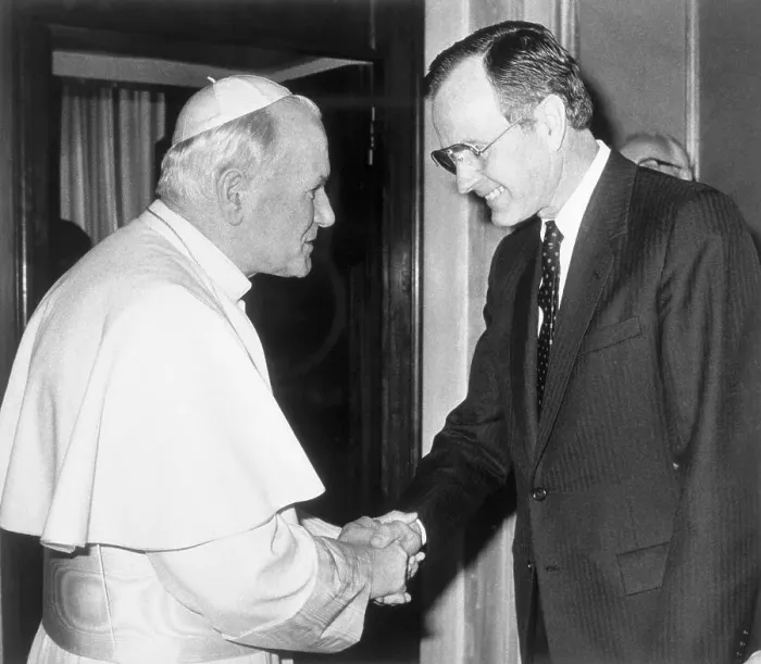Framed Print : George Bush Shaking Hands with Pope John Paul II Framed Print : George Bush Shaking Hands with Pope John Paul II