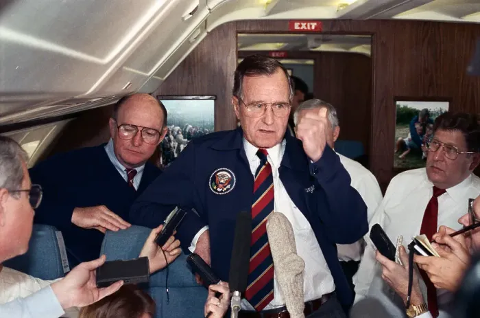Framed Print : George Bush Speaking to Reporters Aboard Aircraft Framed Print : George Bush Speaking to Reporters Aboard Aircraft