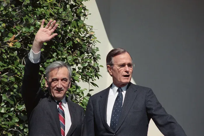 Framed Print : George Bush and Tadeusz Mazowiecki Waving Framed Print : George Bush and Tadeusz Mazowiecki Waving