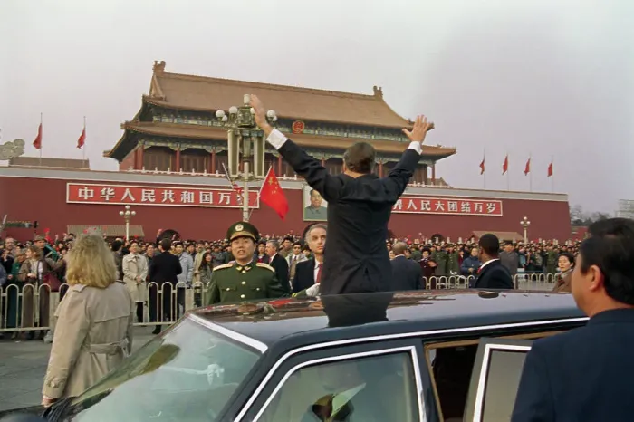 Framed Print : George Bush Waving to Chinese Onlookers Framed Print : George Bush Waving to Chinese Onlookers