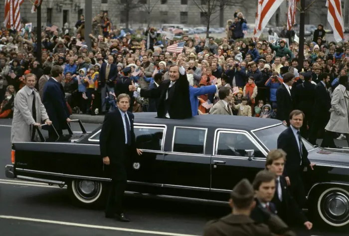 Framed Print : George Bush Waving to Crowds from Car Framed Print : George Bush Waving to Crowds from Car