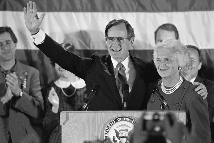 Framed Print : George Bush Waving with Wife by His Side Framed Print : George Bush Waving with Wife by His Side