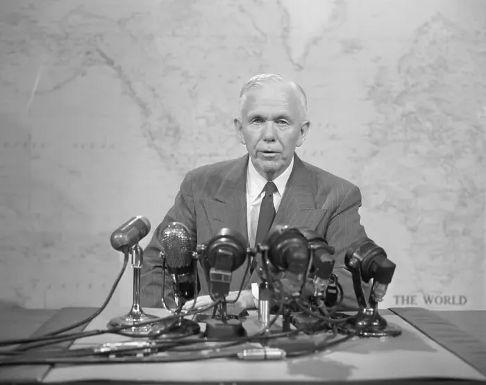 Framed Print : George C. Marshall at News Conference Framed Print : George C. Marshall at News Conference