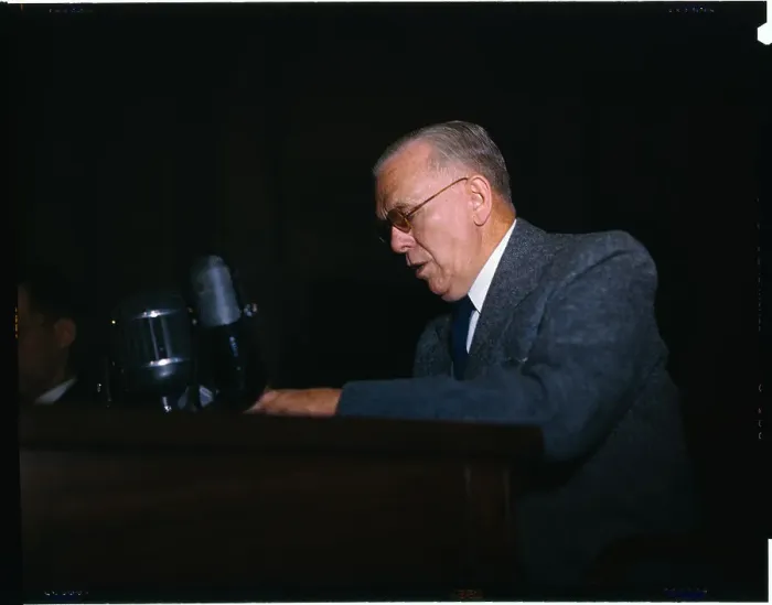 Framed Print : George C. Marshall Speaking at Microphones