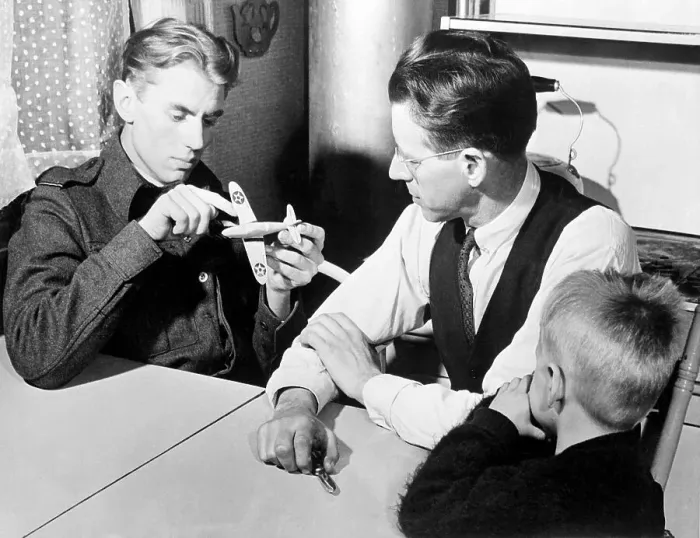 Framed Print : George F. Beurling Examining Model Plane with Father Framed Print : George F. Beurling Examining Model Plane with Father
