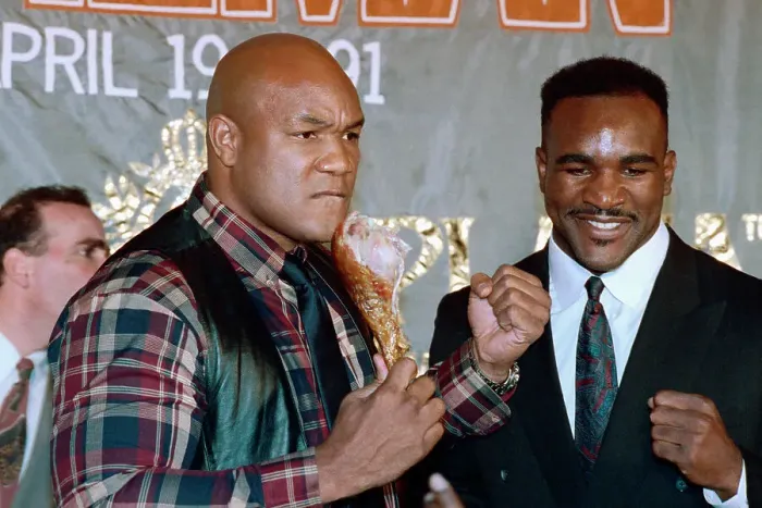 Framed Print : George Foreman and Evander Holyfield at a News Conference Framed Print : George Foreman and Evander Holyfield at a News Conference