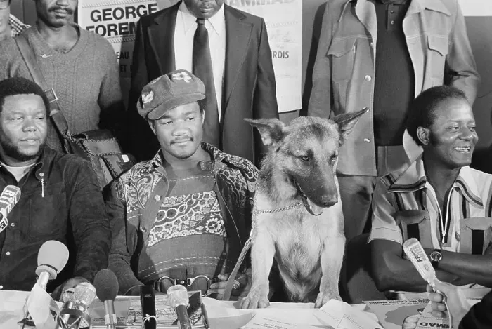 Framed Print : George Foreman at Press Conference with His Dog Framed Print : George Foreman at Press Conference with His Dog