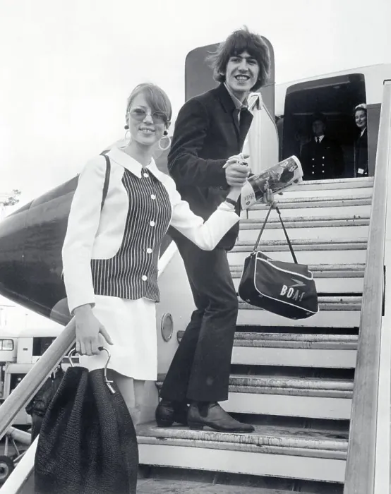 Framed Print : George Harrison and His Wife Patti Boyd Boarding Airplane Framed Print : George Harrison and His Wife Patti Boyd Boarding Airplane